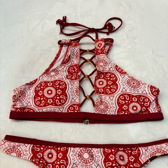 SHEIN Women’s Tribal Aztec Geometric Halter Top High Waist Bikini - red, size L - Picture 4 of 10